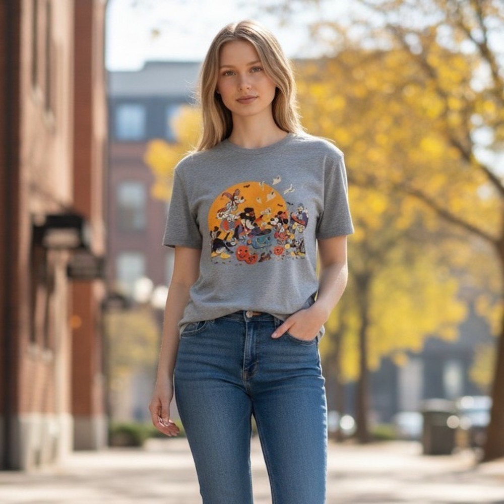 Disney T-Shirt Women M Medium Grey Excellent Halloween Mickey & Friends Grahic